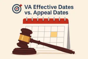 An illustration featuring a calendar and a gavel, highlighting the difference between VA effective dates and appeal dates.