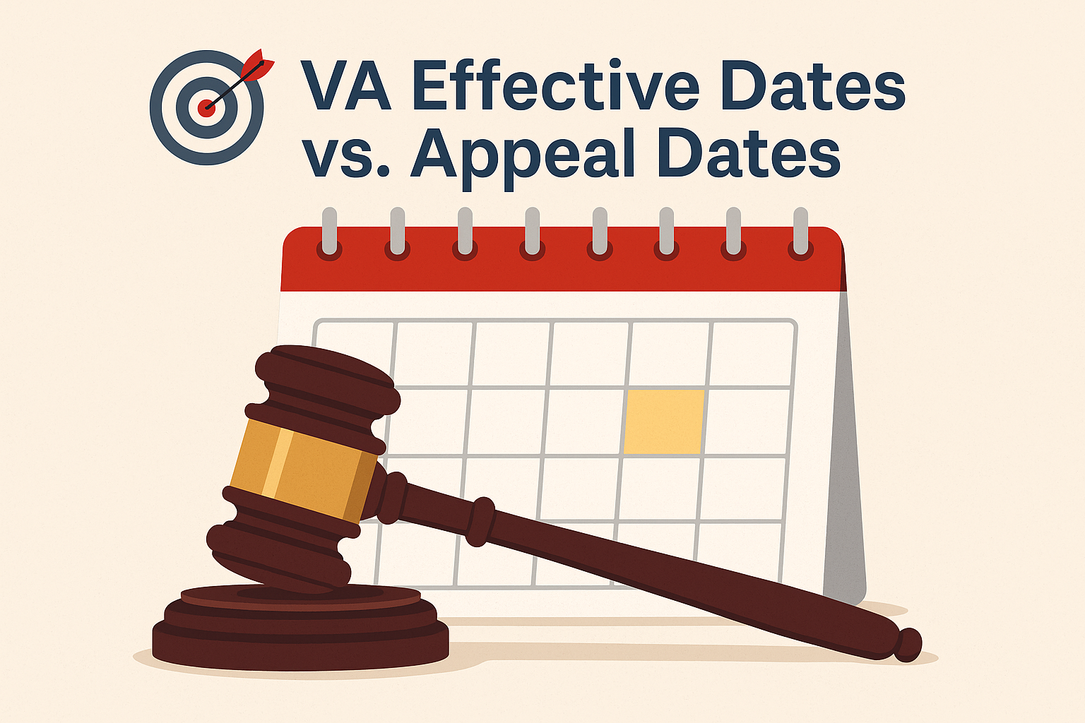 An illustration featuring a calendar and a gavel, highlighting the difference between VA effective dates and appeal dates.