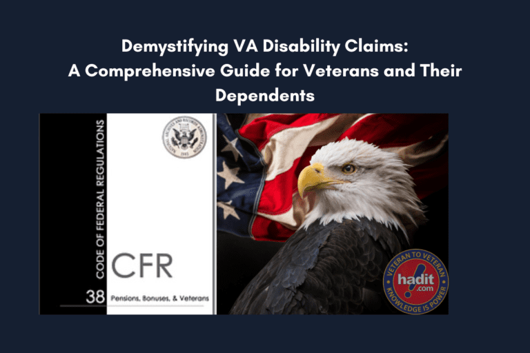 Alt text: "Graphic presentation for a guide on VA disability claims featuring the title 'Demystifying VA Disability Claims: A Comprehensive Guide for Veterans and Their Dependents' with an image of a bald eagle in front of the American flag on the right, and a partial view of the Code of Federal Regulations (CFR) book cover on the left. 'hadit.com Veteran to Veteran, Knowledge is Power' logo is visible at the bottom right."