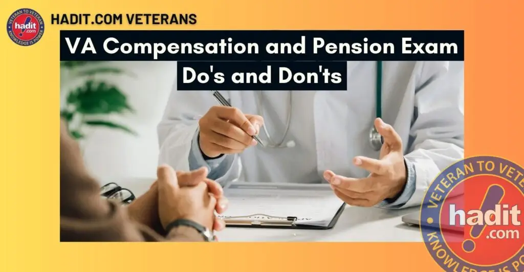 A banner featuring "VA Compensation and Pension Exam Do's and Don'ts" with the hadit.com Veterans logo, showing a doctor in a white coat holding a stethoscope and speaking with an unseen patient, with documents on the table.
