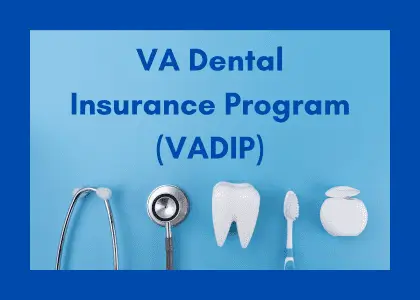 Alt text: Promotional image for the VA Dental Insurance Program (VADIP) with icons of a stethoscope, tooth, toothbrush, and dental floss on a blue background.