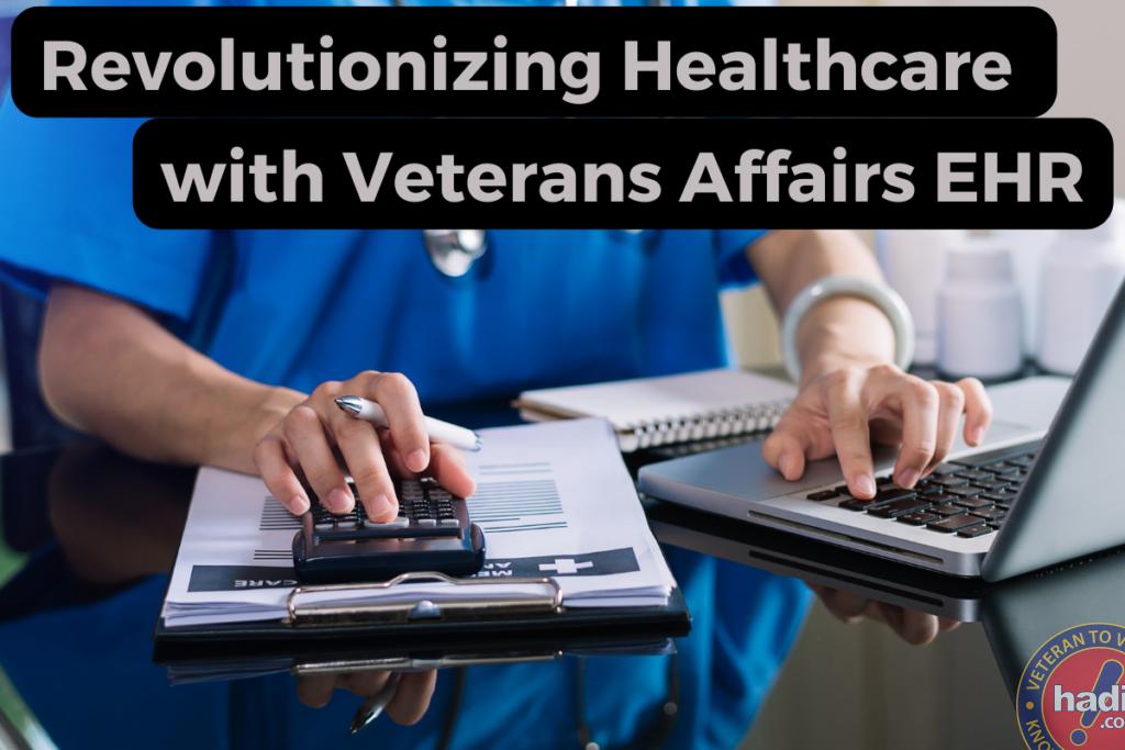 Healthcare professional in blue scrubs using a stamp on a document with a laptop and medical documents on the table, with text overlay "Revolutionizing Healthcare with Veterans Affairs EHR."