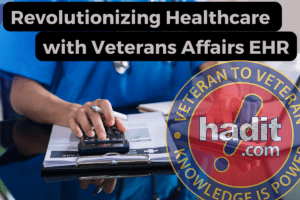 Healthcare professional in blue scrubs using a stamp on a document with a laptop and medical documents on the table, with text overlay "Revolutionizing Healthcare with Veterans Affairs EHR."