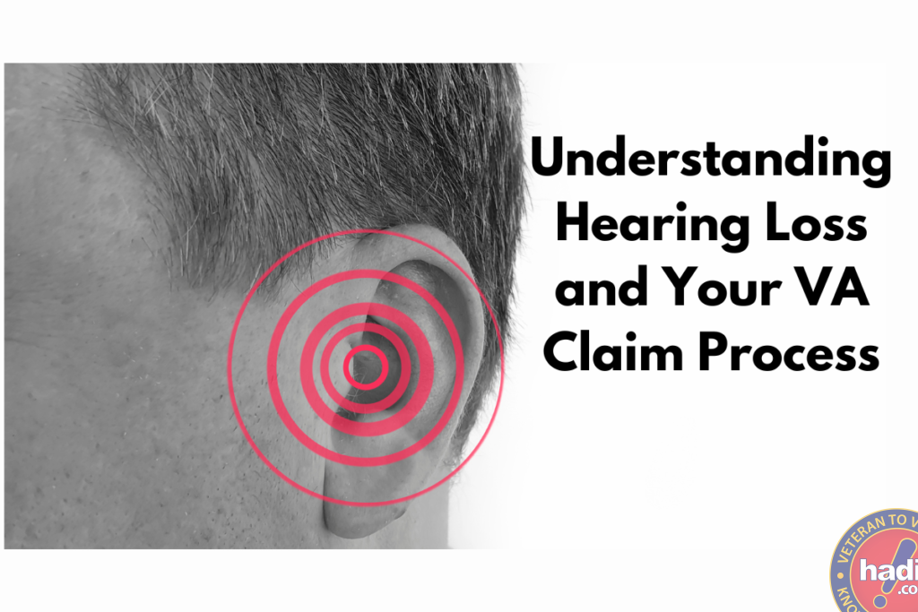 A close-up side view of a person's ear with concentric red circles over it, symbolizing hearing loss, alongside text that reads "Understanding Hearing Loss and Your VA Claim Process."