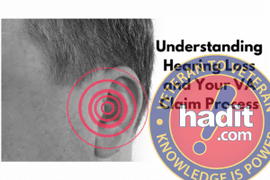 A close-up side view of a person's ear with concentric red circles over it, symbolizing hearing loss, alongside text that reads "Understanding Hearing Loss and Your VA Claim Process."