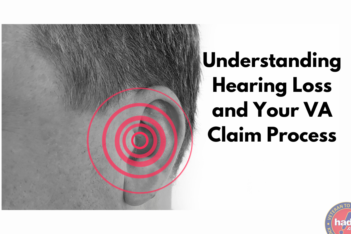 A close-up side view of a person's ear with concentric red circles over it, symbolizing hearing loss, alongside text that reads "Understanding Hearing Loss and Your VA Claim Process."