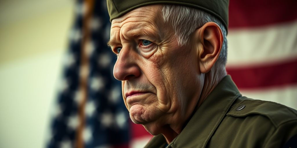 Veteran in uniform with American flag background