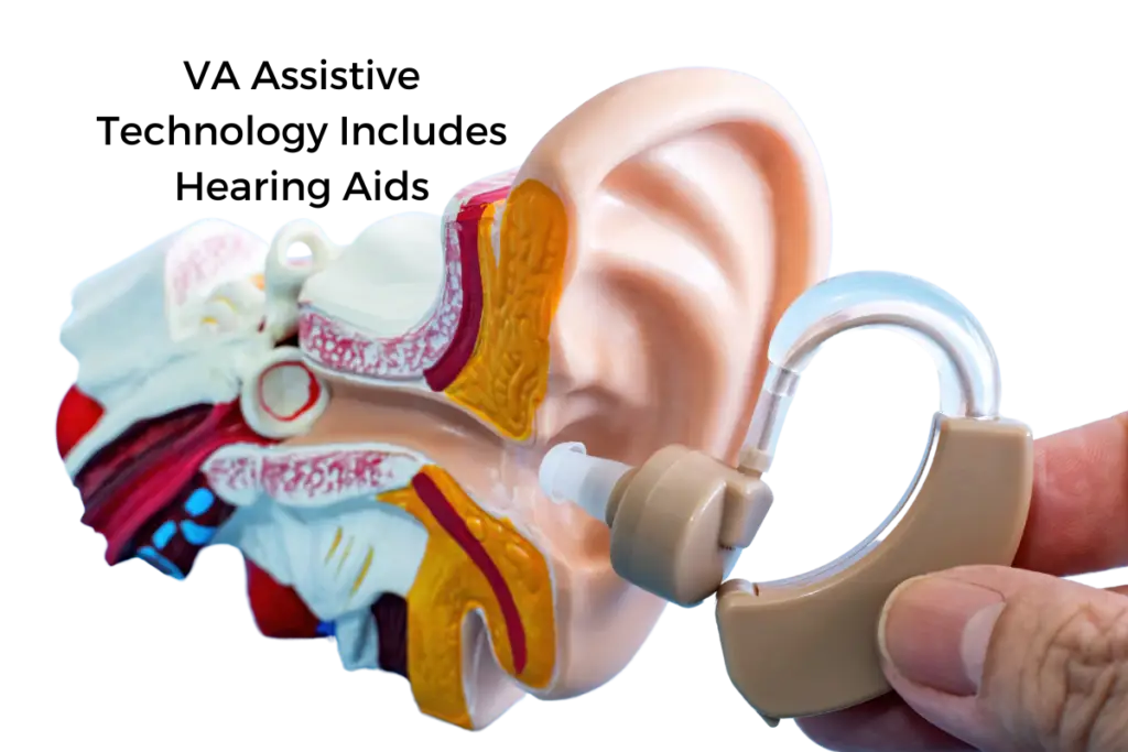 A cross-section model of a human ear with different anatomical parts colored and a hand holding a hearing aid near the model against a black background.