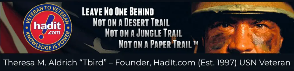 Banner featuring veteran support message and founder information for HadIt.com, emphasizing the importance of leaving no veteran behind.