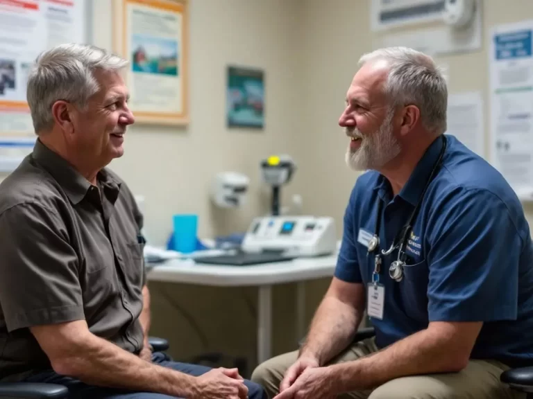 A smiling doctor and patient engage in a friendly conversation inside a medical office, with health equipment visible in the background.