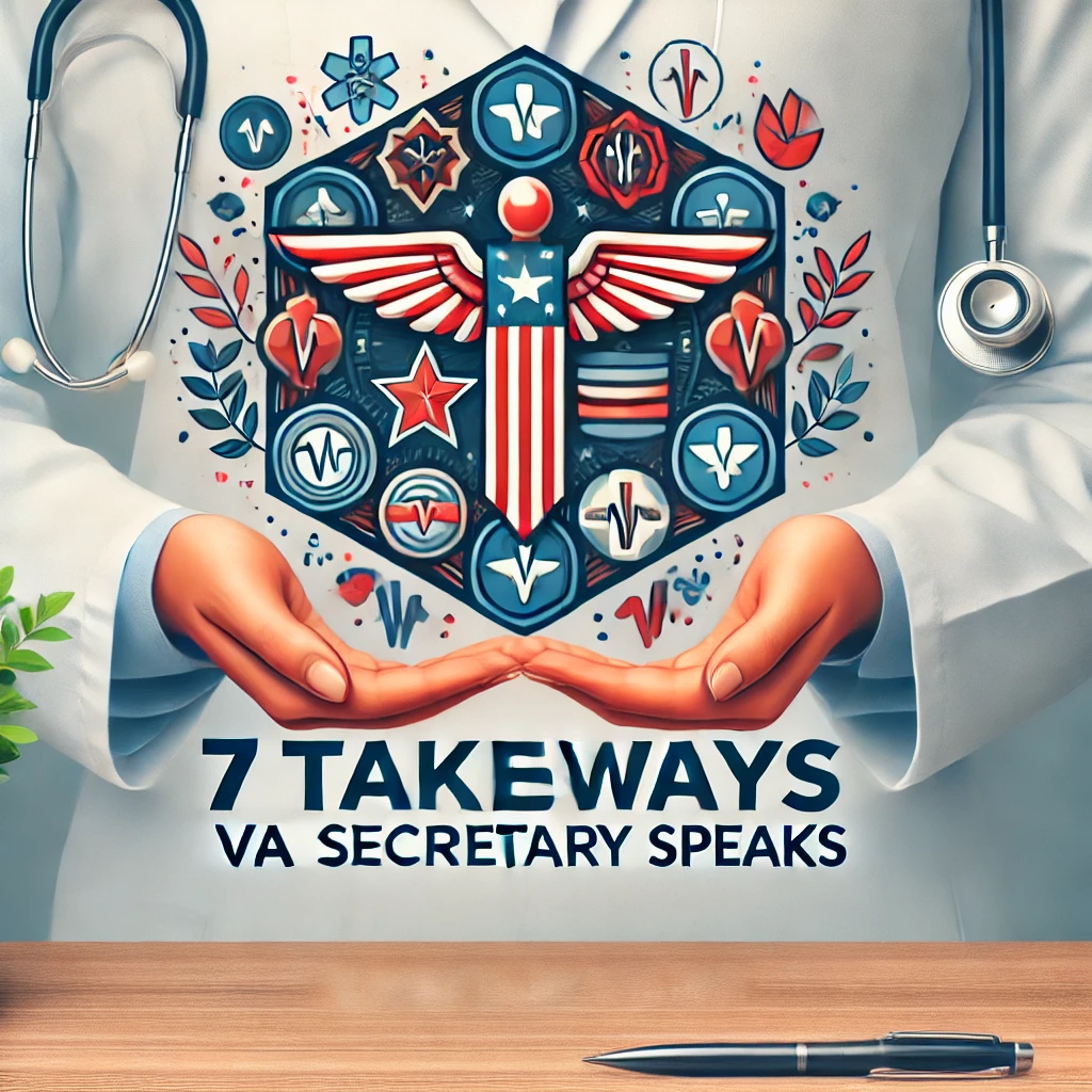 Graphic illustration of a medical professional with a stethoscope and an emblem representing the VA, along with text "7 TAKEAWAYS VA SECRETARY SPEAKS" and a pen on a table.