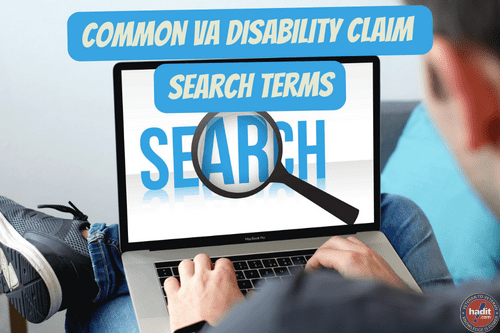 A person using a laptop with a magnifying glass over the word "SEARCH," highlighting keywords related to common VA disability claims.