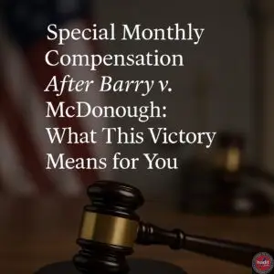 Gavel in focus with text about special monthly compensation and its implications after a legal victory.