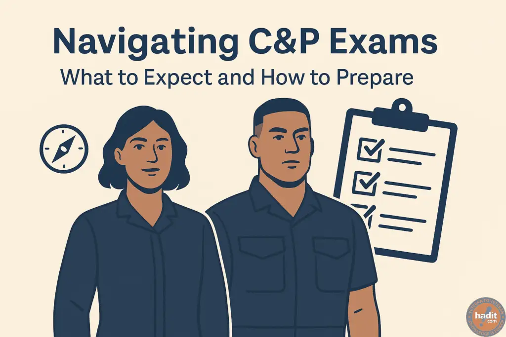 Illustration of a female and male veteran standing beside a checklist and compass, with the title “Navigating VA C&P Exams: What to Expect and How to Prepare.”