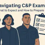 Illustration of a female and male veteran standing beside a checklist and compass, with the title “Navigating VA C&P Exams: What to Expect and How to Prepare.”