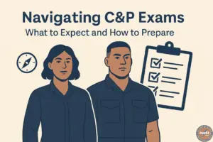 Illustration of a female and male veteran standing beside a checklist and compass, with the title “Navigating VA C&P Exams: What to Expect and How to Prepare.”