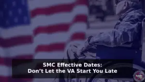 A person in a wheelchair sits near an American flag, emphasizing the importance of timely benefits from the VA.