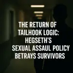 Silhouette of a person in a dimly lit hallway, emphasizing a somber theme related to sexual assault policy.