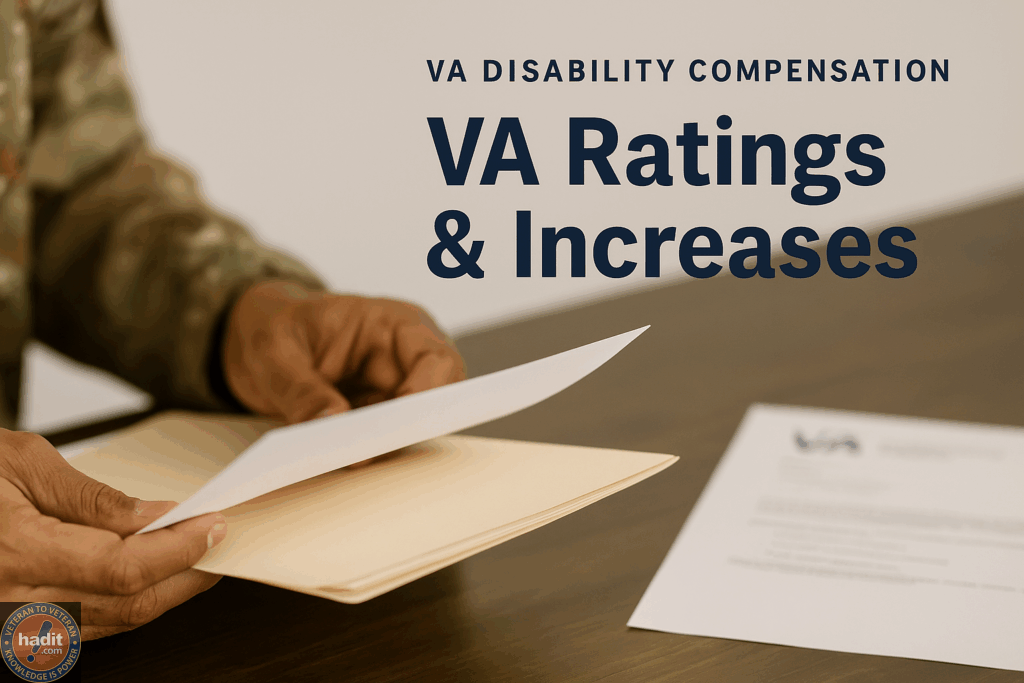 A close-up of hands holding a letter above a folder and a document related to VA disability ratings and increases.