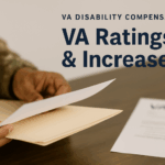 A close-up of hands holding a letter above a folder and a document related to VA disability ratings and increases.