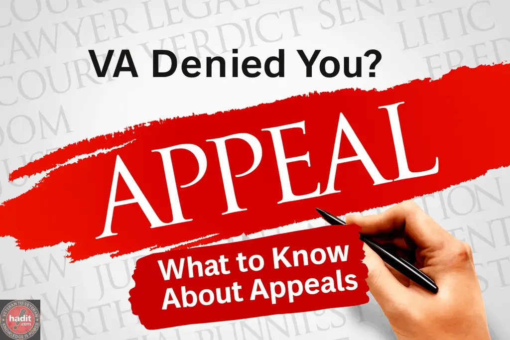 Visual guide highlighting the importance of appealing VA denials, featuring a hand writing with a pen over the word "APPEAL" and additional text on appeals information.