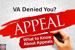 Visual guide highlighting the importance of appealing VA denials, featuring a hand writing with a pen over the word "APPEAL" and additional text on appeals information.