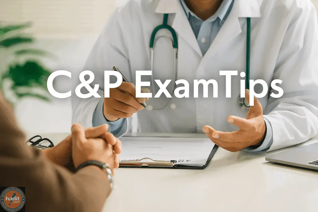 A healthcare professional discussing C&P exam tips with a patient, focused on paperwork and communication.
