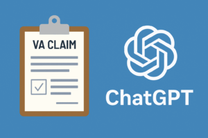 Illustration of a clipboard with a VA claim form and a ChatGPT logo on a blue background.