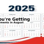 A calendar for the year 2025 showcasing the months with an emphasis on a title regarding two VA payments in August.