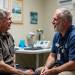 A healthcare professional engages in a friendly conversation with a patient, both smiling, in a medical office with examination equipment in the background.