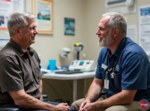 A healthcare professional engages in a friendly conversation with a patient, both smiling, in a medical office with examination equipment in the background.