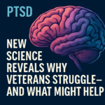 An artistic representation of a brain with text discussing new scientific insights into veterans' PTSD challenges and potential solutions.