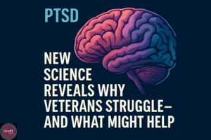 An artistic representation of a brain with text discussing new scientific insights into veterans' PTSD challenges and potential solutions.