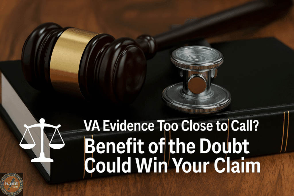 A gavel and a stethoscope on a stack of books, emphasizing the message about the benefit of the doubt in VA evidence.