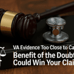 A gavel and a stethoscope on a stack of books, emphasizing the message about the benefit of the doubt in VA evidence.