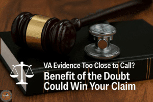A gavel and a stethoscope on a stack of books, emphasizing the message about the benefit of the doubt in VA evidence.
