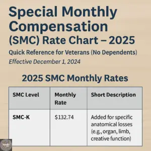 A table detailing the SMC level, monthly rate of 2.74 for SMC-K, and a description of the compensation for specific anatomical losses, intended for veterans without dependents, effective December 1, 2024.
