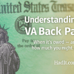 Close-up of a U.S. Treasury check featuring the Statue of Liberty, with text about VA back pay details and an informative website link.