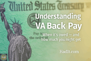 Close-up of a U.S. Treasury check featuring the Statue of Liberty, with text about VA back pay details and an informative website link.
