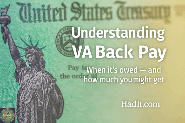 Close-up of a U.S. Treasury check featuring the Statue of Liberty, with text about VA back pay details and an informative website link.