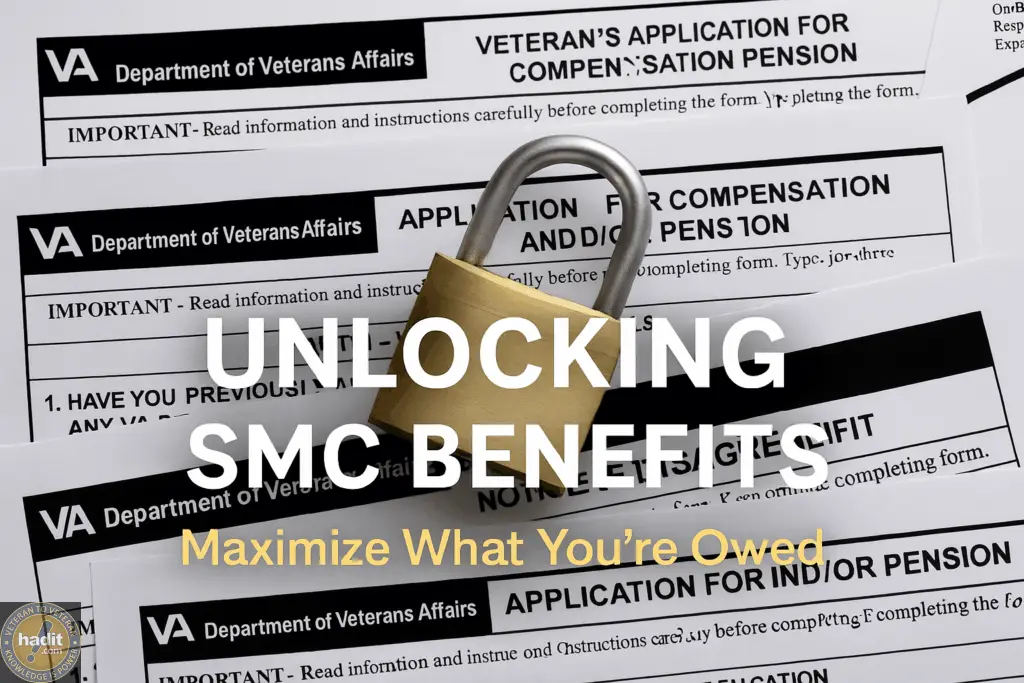 An image featuring a gold padlock on top of several VA application forms, emphasizing the importance of understanding and accessing SMC benefits.