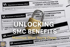 An image featuring a gold padlock on top of several VA application forms, emphasizing the importance of understanding and accessing SMC benefits.