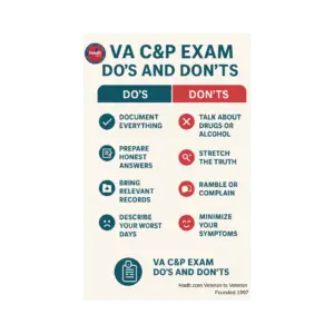 An infographic outlining the do's and don'ts for the VA Compensation and Pension exam, including key tips for preparation and behavior during the exam.