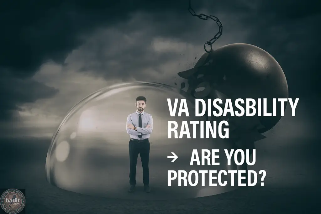 A man stands inside a protective bubble with a looming heavy object above him, questioning if he is protected.