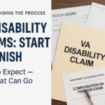 Document folder and papers related to VA disability claims, highlighting the steps involved and what to expect during the process.
