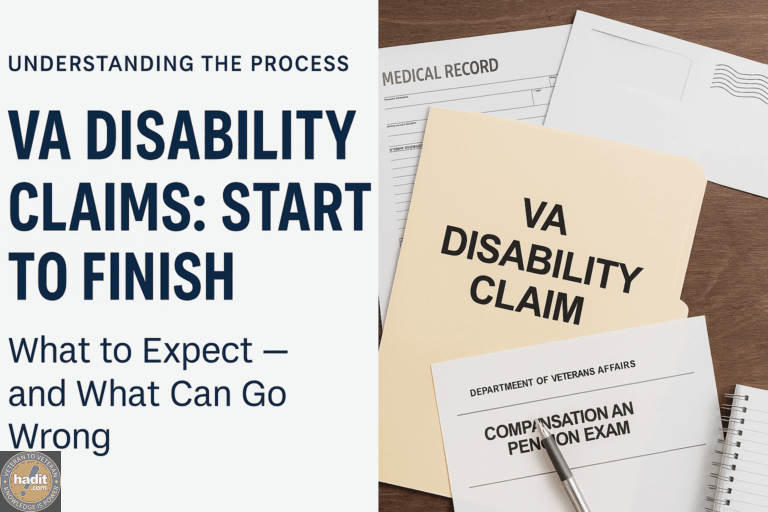 Document folder and papers related to VA disability claims, highlighting the steps involved and what to expect during the process.
