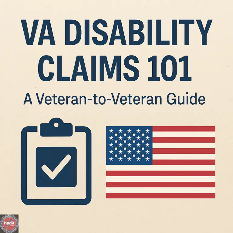 An informative guide for veterans on navigating VA disability claims, featuring a checklist symbol and the American flag.