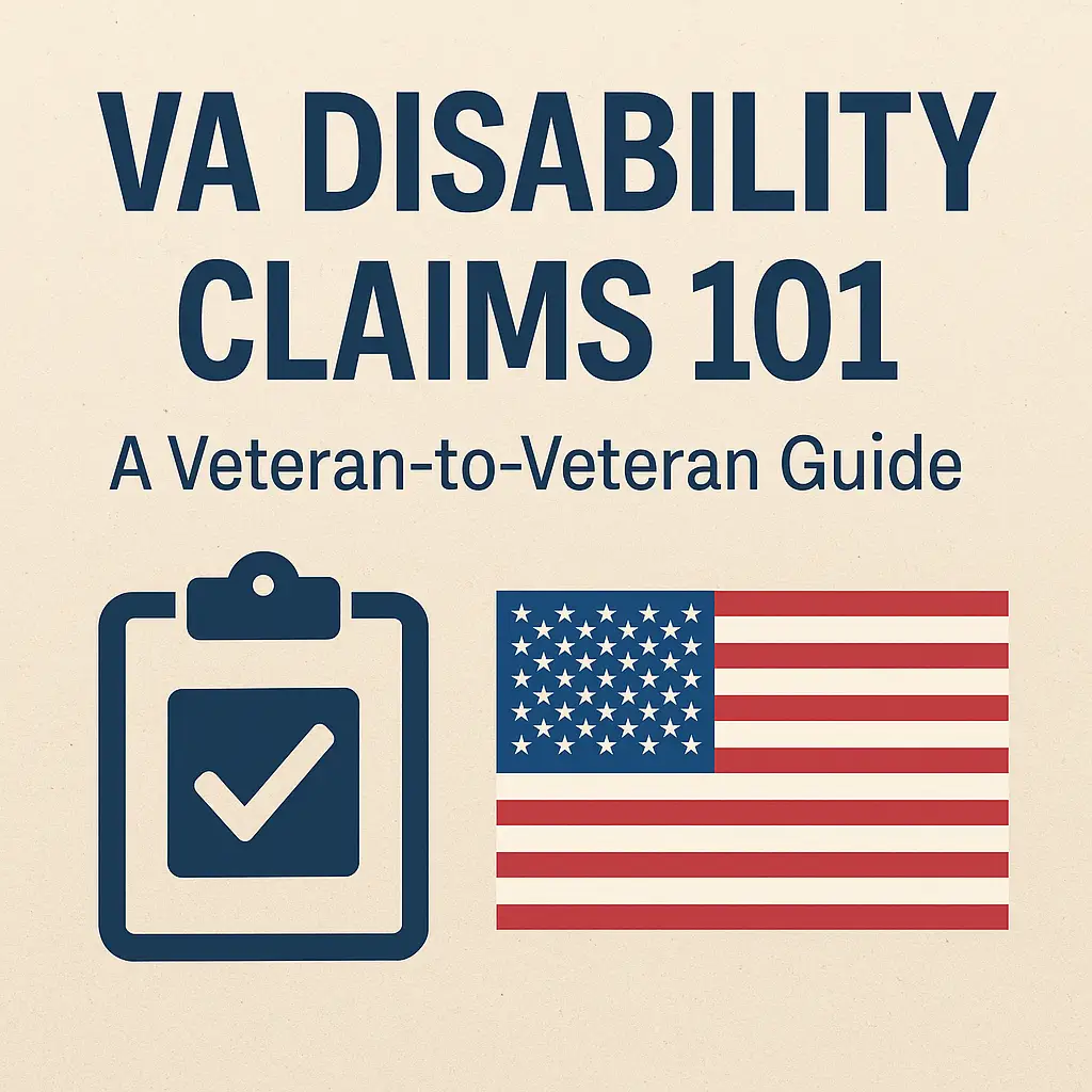 An informative guide for veterans on navigating VA disability claims, featuring a checklist symbol and the American flag.