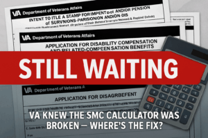 A chaotic image showing VA documents and a calculator, with bold text highlighting issues with the SMC calculator and the frustration of waiting for solutions.
