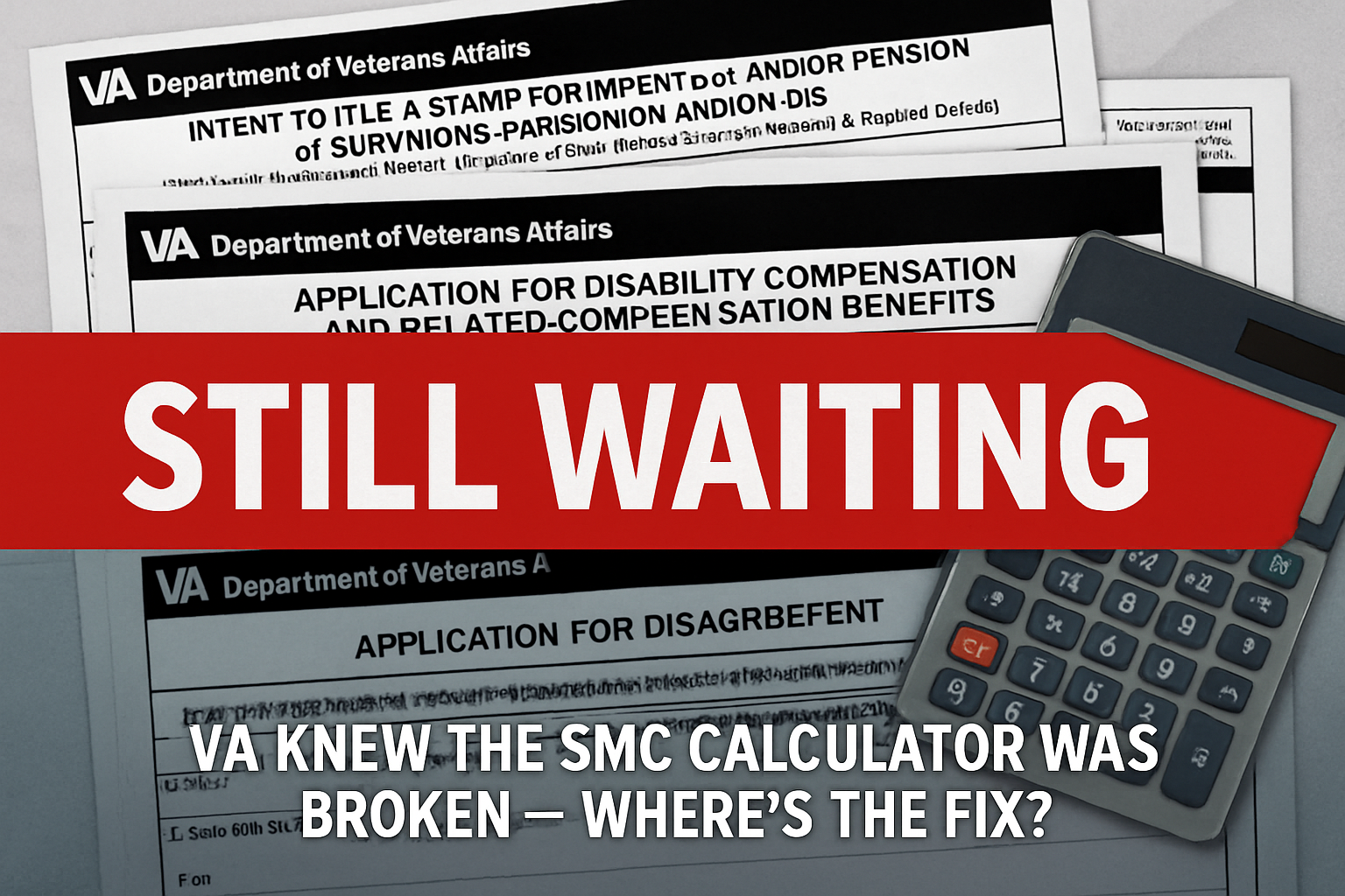 A chaotic image showing VA documents and a calculator, with bold text highlighting issues with the SMC calculator and the frustration of waiting for solutions.